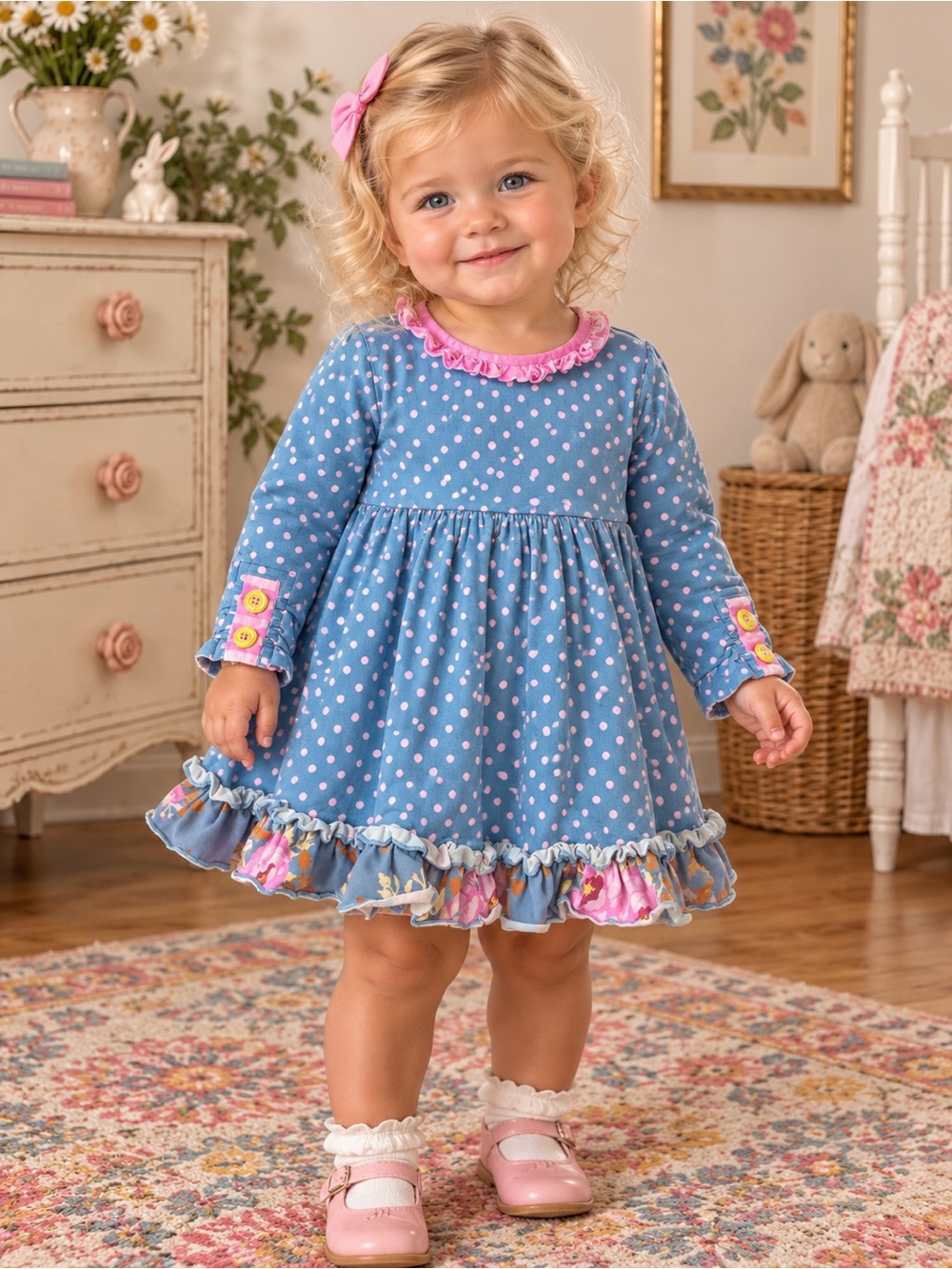 Matilda Jane To The Market Ruffle Long Sleeve Dress Baby Girls Size 12-18M